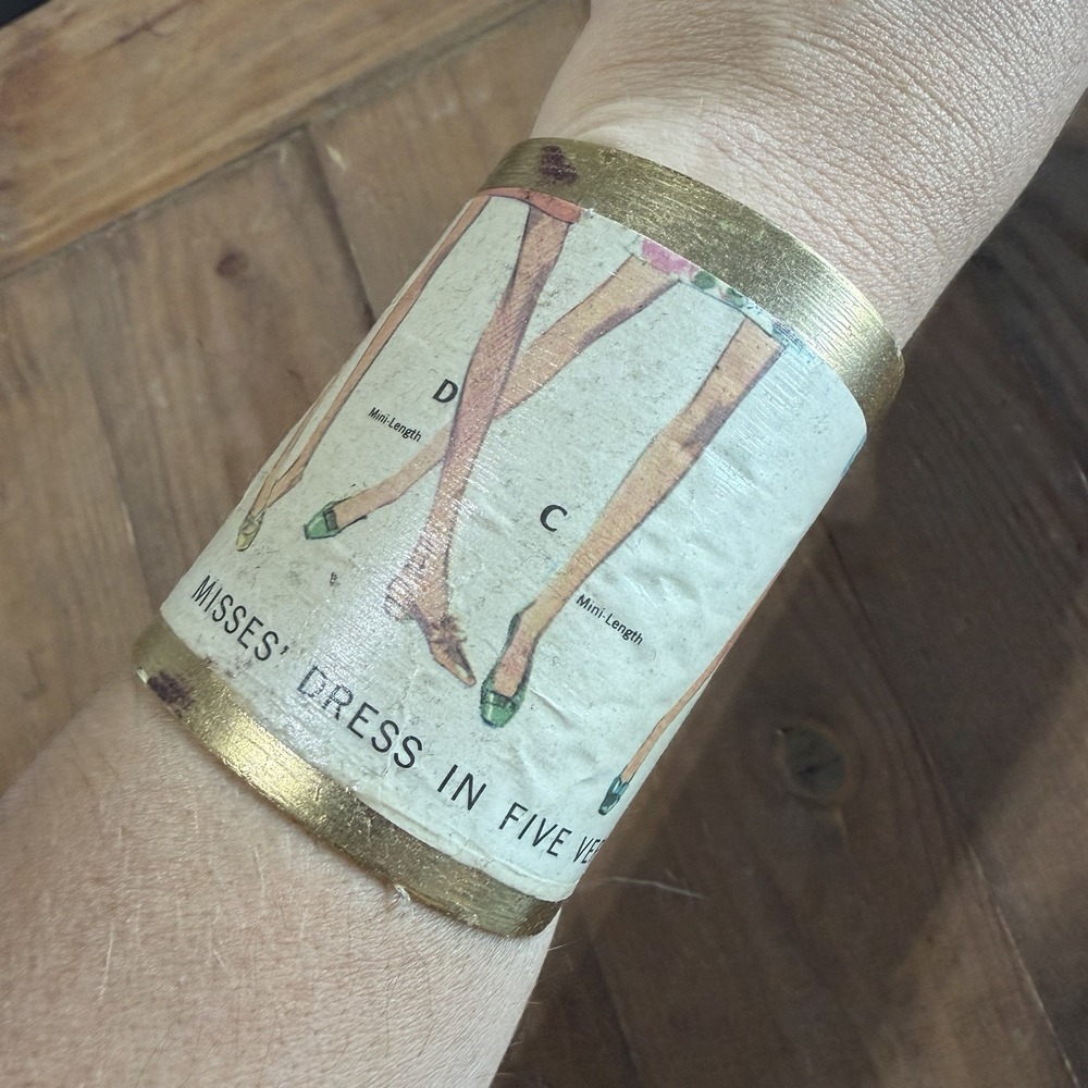 Handmade Decoupage Vintage Sewing Pattern Cuff Bracelet Upcycled Gold Wide Craft